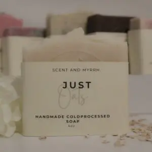 Handmade cold-processed soap with oats packaging.