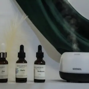 Essential oils and diffuser on a shelf.