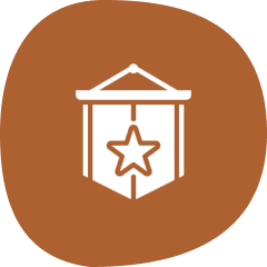 Star emblem on brown circular background.