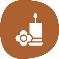 Candle and flower icon on brown background.