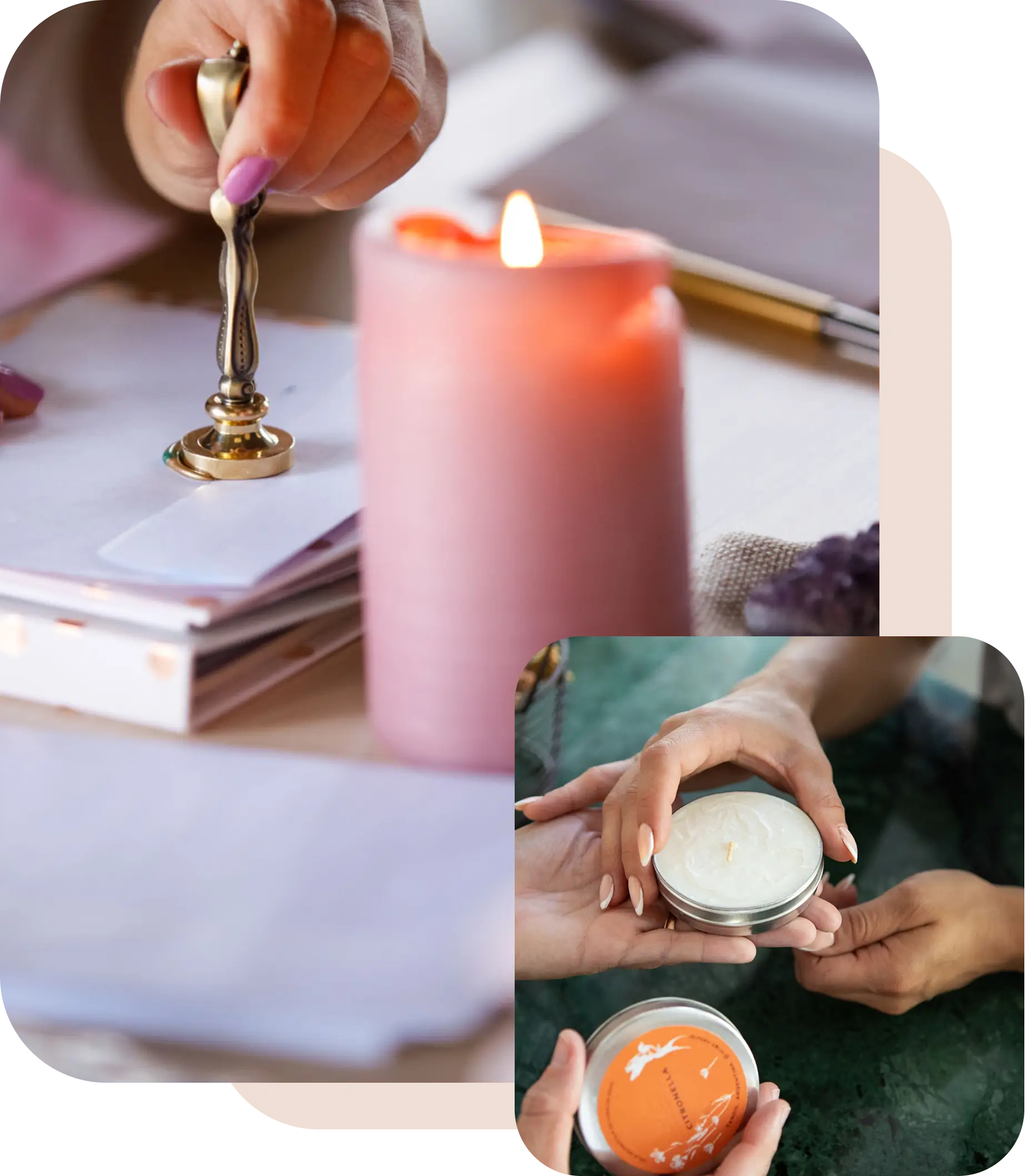 Candle, wax seal, and hands holding jars.